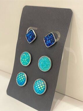 Set of 3 Mermaid Blue and Teal Druzy Handmade Stud Earrings E4